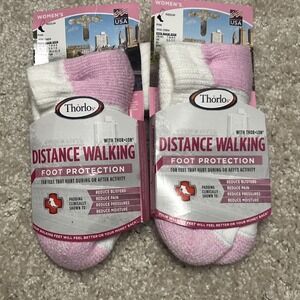 2 Pair Thorlos Women's Med Pink White Distance Walking Ankle Sock   Imperfect